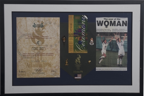 1996 Atlanta Olympics Championship Certificate Presented To Michelle Akers With Closing Ticket & Pins In 28x19 Framed Display (Akers LOA)